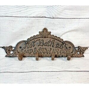 Rustic Vintage Cast Iron 4 Hook Wall Plaque - Hot Bath 25c Soap & Towel Extra